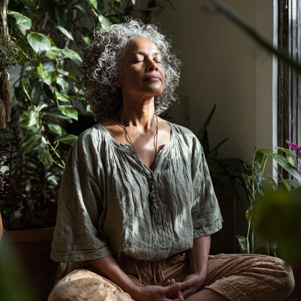 50 years old woman in peaceful meditation pose, serene expression, natural indoor lighting with plants