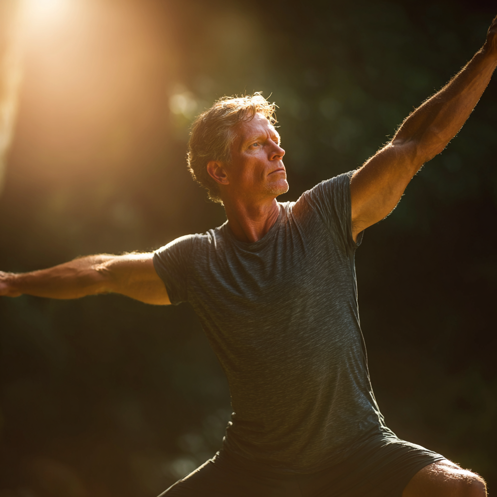 51 years old man in yoga pose outdoors, confident posture, morning sunlight